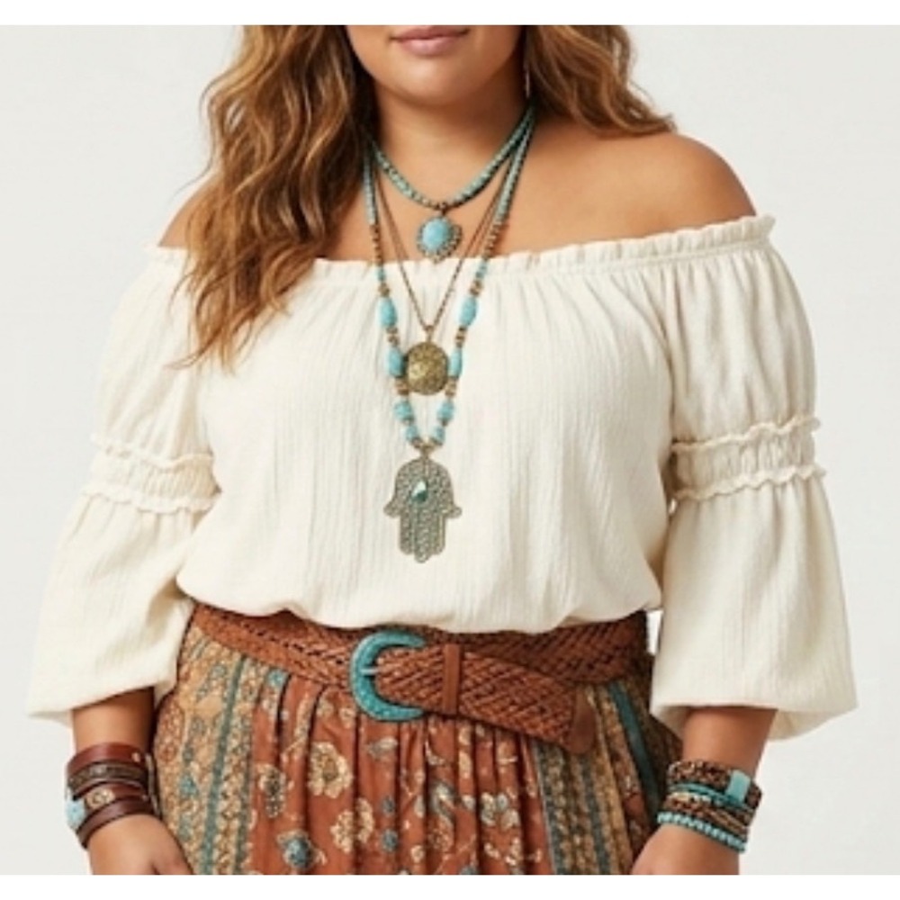 Forever 21 Plus Size Cream Off The Shoulder Boho Bell Sleeve Gauze Blouse 0X